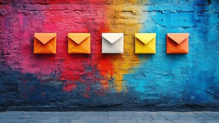 Poster - Colorful Wall With Five Distinct Envelopes in Orange, White, and Yellow Highlighting Urban Art and Creative Expression