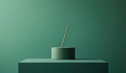 Poster - Minimalist Design Featuring a Cylindrical Base With a Vertical Stick in a Monochromatic Green Setting, Highlighting Simplicity and Modern Aesthetics