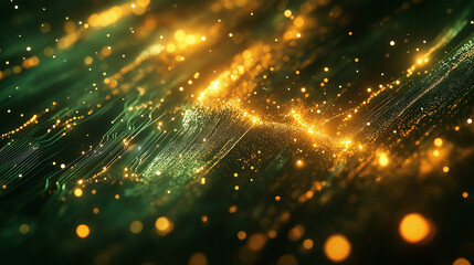 Aufkleber - Abstract circuit board background with glowing green and gold energy pulses. Perfect for tech branding, presentations, and modern designs.
