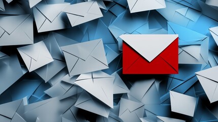 Poster - Collection of Envelopes in Various Shades With a Bold Red Envelope Standing out Against a Blue Background, Creating a Dynamic Visual Contrast and Emphasizing Postal Themes
