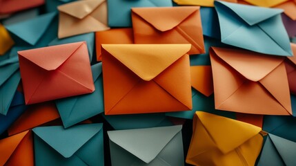 Poster - Stacked Colorful Envelopes in Various Sizes and Colors Arranged on a Flat Surface Showcasing a Vibrant Stationery Collection