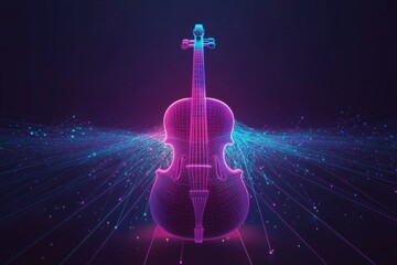 Leinwandbilder - Vibrant 3D representation of a cello with luminous energy waves in a dark space. Generative AI
