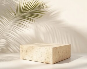 Poster - Natural Stone Block Showcasing Shadow Play From Tropical Leaves in a Serene Indoor Setting During the Afternoon