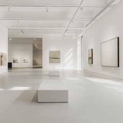 Poster - Modern Art Gallery Showcasing Minimalistic Artwork and Bright Natural Light in a Spacious White Interior Setting During Daylight Hours