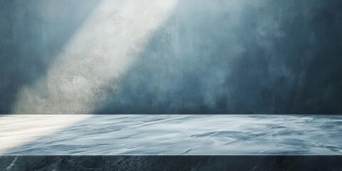 Poster - Soft Light Streams Through a Textured Blue Wall Illuminating a Polished Marble Surface With a Calm and Serene Ambiance