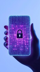 Poster - hand holds mobile phone with tech security lock. mobile data protection tech image. advanced securit