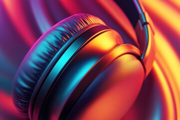 Poster - Detailed close up view of vibrant 3D headphones with colorful lighting effects. Generative AI