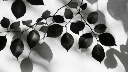 Poster - Monochrome capture of a leafy branch illuminated by sunlight, casting artistic shadows on a white backdrop