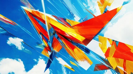 Wall Mural - abstract colorful shapes and patterns against a bright blue sky with clouds.