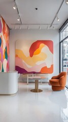 Poster - Modern Interior Design Featuring Colorful Abstract Mural in a Stylish Urban Space Showcasing Creative Furniture and Vibrant Decor