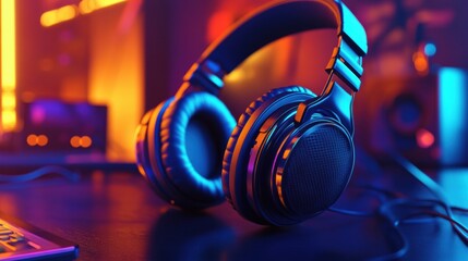 Poster - Close up view of sleek headphones showcasing vibrant lighting and modern design in a studio environment. Generative AI