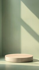 Poster - Minimalist Display Stand With Soft Shadows in a Light Green Room Highlighting Simplicity and Modern Design Aesthetics
