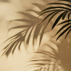 Poster - Shadows of Tropical Leaves Cast Softly on a Beige Background Create a Serene and Calming Atmosphere in a Sunlit Room