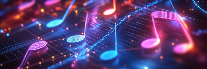Leinwandbilder - Colorful 3D music notes glowing in a vibrant digital landscape with sparkling lights and rhythms. Generative AI