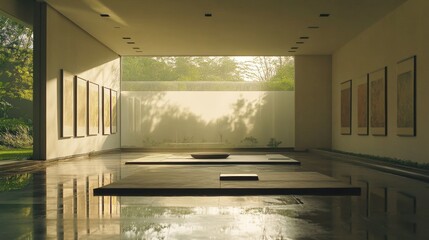 Poster - Modern Art Gallery With Minimalist Design in Natural Light Creating a Serene Atmosphere for Visitors to Enjoy Contemporary Artworks
