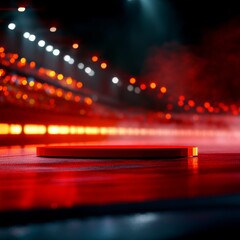 Poster - Vibrant Red Stage Illuminated by Dynamic Lights Showcases an Electrifying Atmosphere in an Empty Arena During an Evening Event