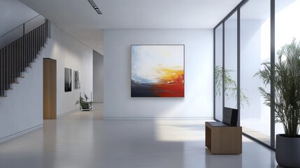 Poster - Modern Art Gallery Showcasing Vivid Abstract Artwork With Large Windows Letting in Natural Light During the Day