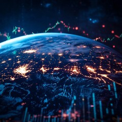 Poster - Visual Representation of Earth Illuminated at Night With Digital Data Overlays, Showcasing Global Connectivity and Technological Advancement
