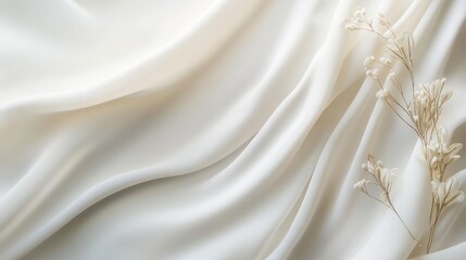 Poster - Smooth White Fabric Drapes Gracefully Alongside Delicate Dried Flowers on a Neutral Background, Creating a Serene and Elegant Composition for Design or Decor Inspiration