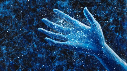 Aufkleber - Hand Reaching out to a Glowing Digital Network in a Vibrant Blue Space Showcasing Connection and Creativity