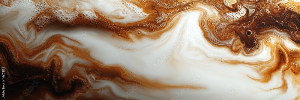 Fluid motion swirls coffee, milk mixture. Rich colors mix in abstract ...