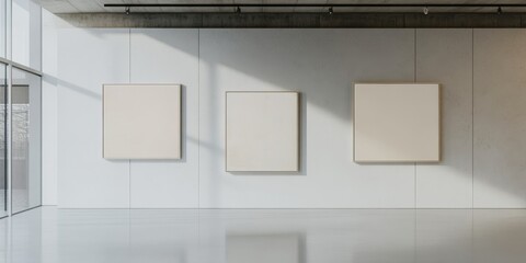 Poster - Art Gallery Featuring Three Empty Canvases Displayed in a Modern Space With Bright Natural Light