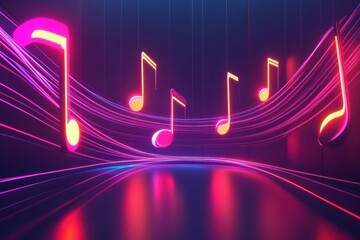 Aufkleber - Neon music staff flowing with vibrant notes and glowing lines in a nighttime digital environment. Generative AI