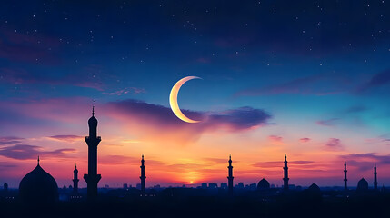 Wall Mural - twilight symbolism: vertical dusk sky with a crescent moon, emblematic of the beginning of islamic f