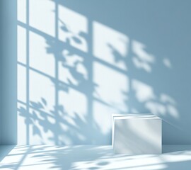 Poster - Soft Shadows Cast by Sunlight Through a Window Onto a Minimalist White Cube in a Serene and Tranquil Indoor Space