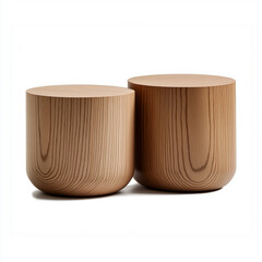 Two modern round wooden coffee tables showing wood grain on white background