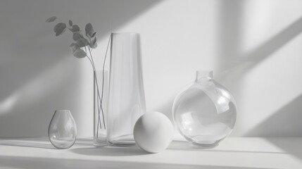 Poster - Stylish Arrangement of Glass Vases and a Decorative Ball Illuminated by Soft Sunlight in a Minimalist Setting