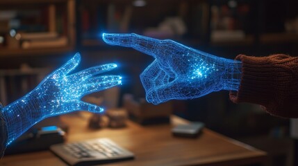 Poster - Digital Hands Reaching Towards Each Other Convey Connection Between Technology and Humanity in a Contemporary Workspace