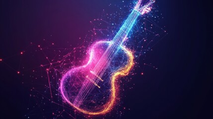 Poster - Vibrant 3D rendering of a guitar illuminated by colorful light beams in a digital art style. Generative AI