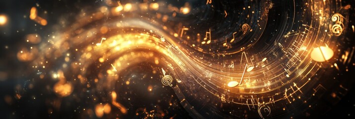 Fototapete - Dynamic flow of 3D music notes sparkling in a vibrant wave of sound and light. Generative AI