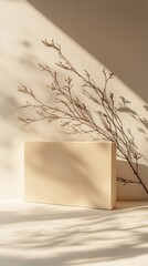 Poster - Soft Shadows Create Artistic Composition With a Beige Block and Dried Branches Against a Neutral Wall in Warm Afternoon Light