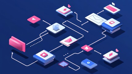 Aufkleber - Digital Workflow Illustration Showcasing Application Icons and Connections Representing Data Flow and User Interaction in a Modern Design