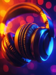 Poster - Detailed close up of vibrant 3D headphones illuminated by colorful lights during a nighttime event. Generative AI