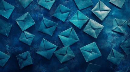 Aufkleber - Colorful Envelopes Scattered on a Textured Dark Blue Surface With Shadows Creating a Dynamic Pattern, Showcasing the Art of Communication and Connection
