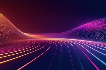 Fototapete - Glowing neon musical staff lines flow through a vibrant digital landscape. Generative AI