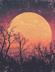 Aufkleber - Retro risograph inspired artwork featuring a large moon over silhouetted trees at dusk. Generative AI
