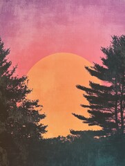 Aufkleber - Sunset over a forest with retro risograph style in a serene natural landscape. Generative AI