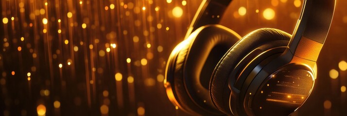 Poster - Close up view of modern headphones with a warm golden background showcasing intricate design and texture. Generative AI