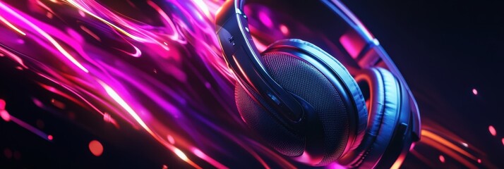 Poster - Close up view of dynamic headphones with colorful light effects in a dark setting. Generative AI
