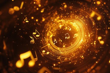 Aufkleber - 3D music notes swirling in golden light create a captivating visual effect in an abstract background. Generative AI