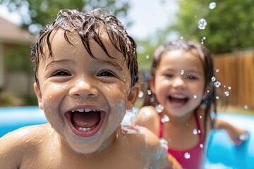 Wall Mural - Joyful children splashing in a sunny backyard pool on a warm summer day