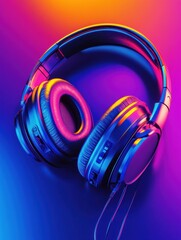 Poster - Close up view of vibrant 3D headphones glowing in purple and orange tones on a sleek surface. Generative AI