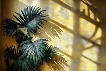 Poster - tropical palm tree design painted on light yellow wall. sunlight casts shadows of plant leaves, crea