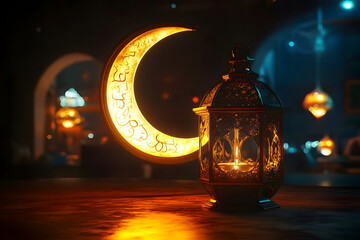 Wall Mural - start of ramadan with a crescent moon and a glowing lamp in the background. generative ai