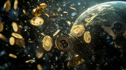 Poster - The hologram is money. Coins and a planet made of polygons, triangles of dots and lines. Money is a low-poly compound structure. Technology concept vector.