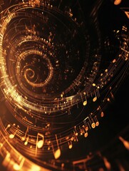 Fototapete - 3D swirling music notes creating a captivating visual in golden tones on a dark background. Generative AI